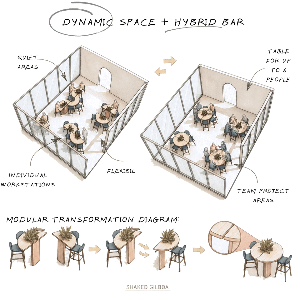 Diagram of a dynamic space and hybrid bar layout with quiet areas and team project tables