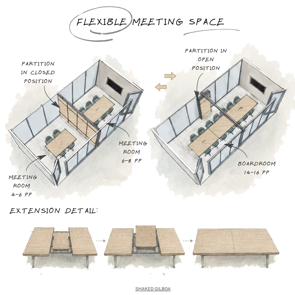 Diagram of a flexible meeting space with a movable partition switching between two meeting rooms and one large boardroom, plus an extendable table detail