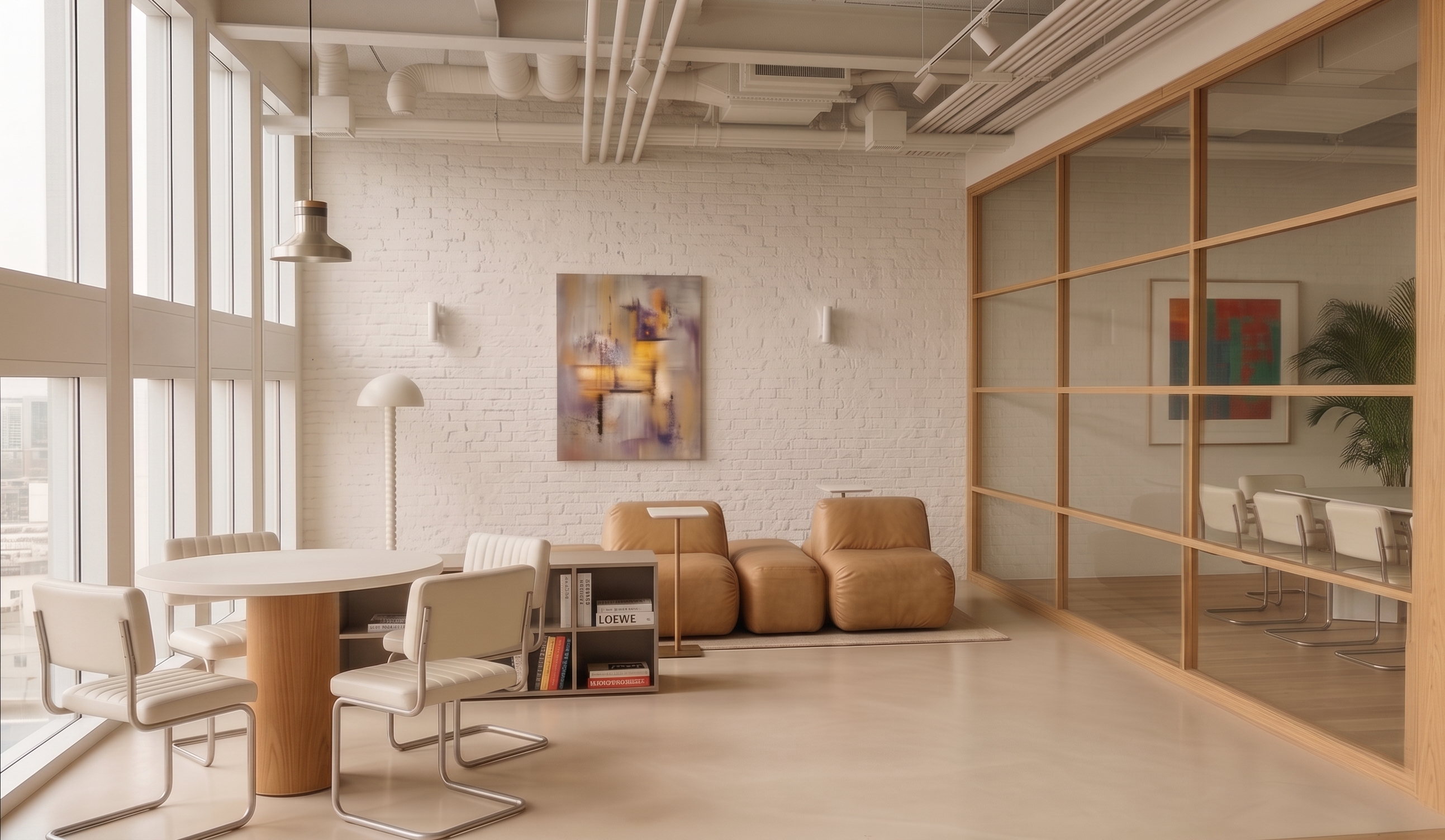 Bright lounge with tan leather seating, dining table, and glass office partition
