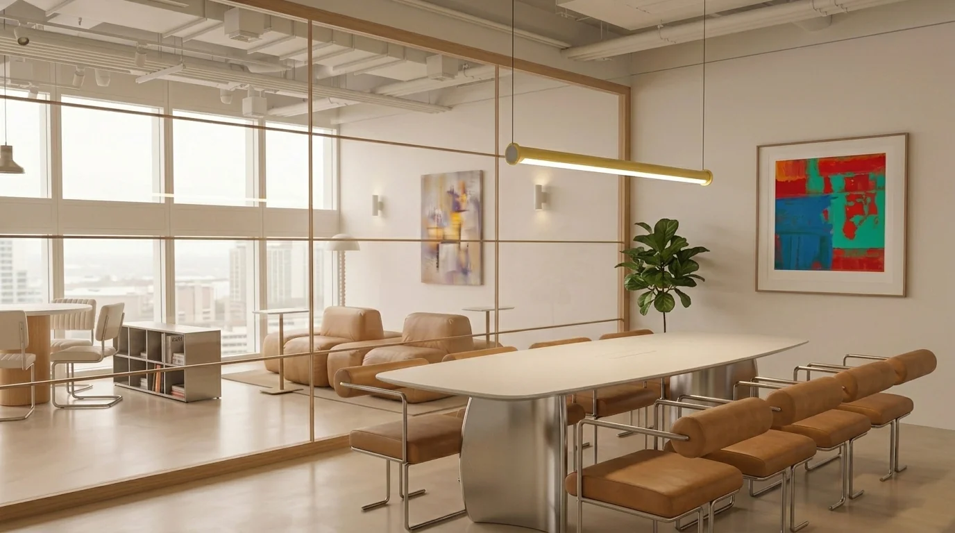 Glass-walled coworking meeting room with warm wood accents and colorful art