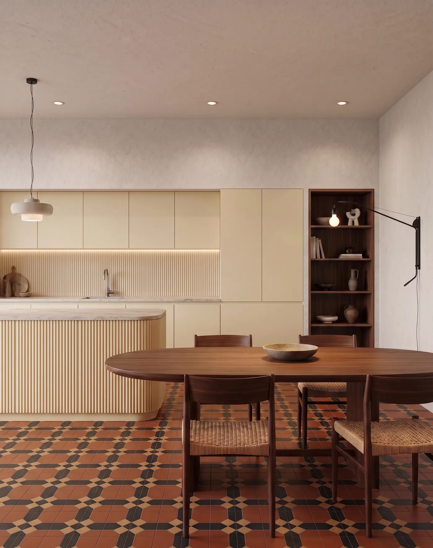 Kitchen with cream cabinetry, terracotta patterned tile floor, and walnut dining table